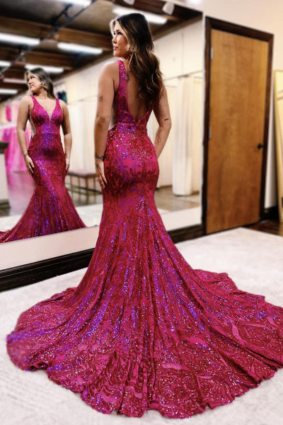 Charming Mermaid V Neck Fuchsia Sequins Lace Long Prom Dress AB4021005