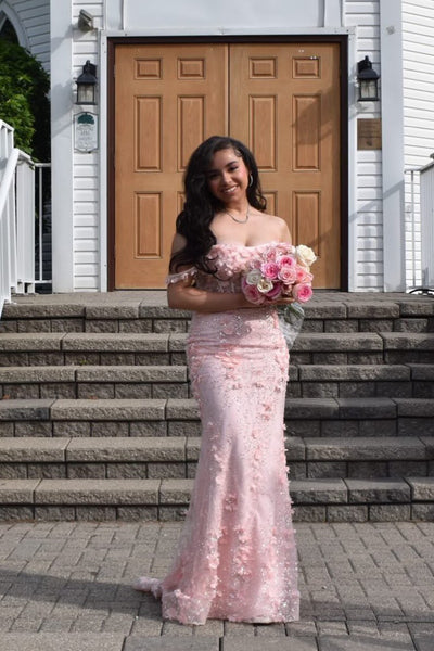 Mermaid Off the Shoulder Blush Pink Lace Long Prom Dress AB26070516