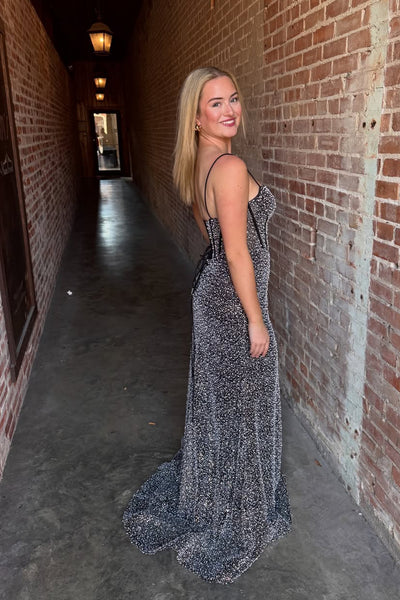 Sparkly Mermaid Sweetheart Black Sequins Long Prom Dress with Slit AB26031307