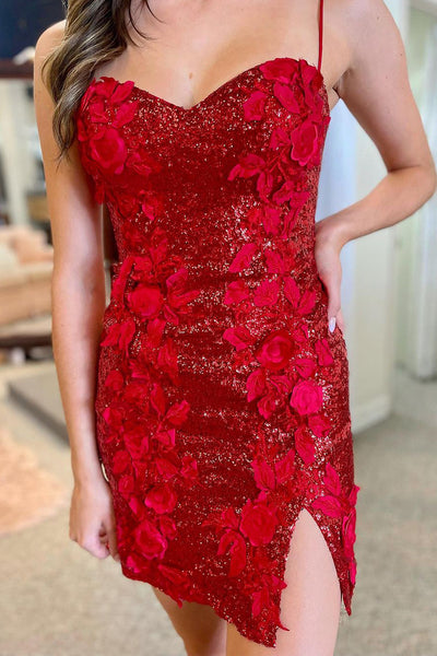 Cute Bodycon Sweetheart Red Sequins Short Homecoming Dresses with Appliques AB082205