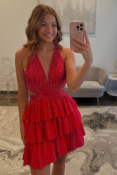 A-Line Halter Fuchsia Satin Tiered Beads Short Homecoming Dresses AB25092301