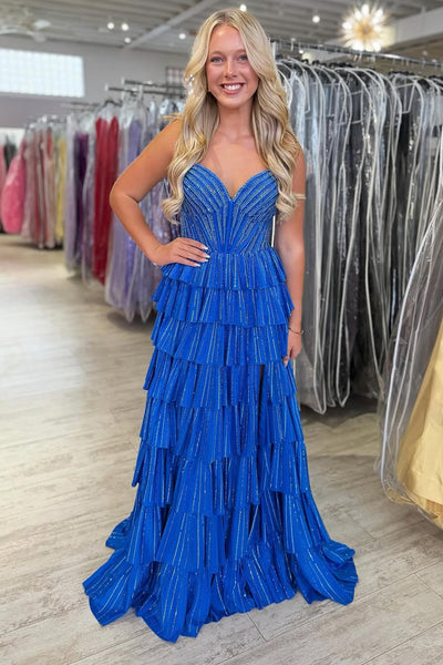 A Line Sweetheart Royal Blue Tiered Prom Dress with Hot Fix Rhinestones AB26041710