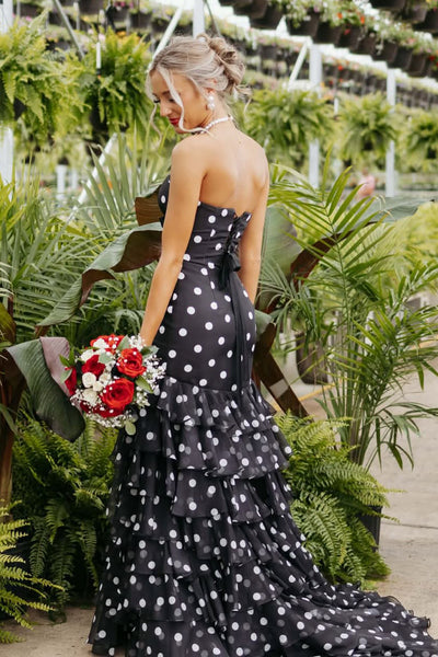 Mermaid Strapless Black White Dot Chiffon Prom Dress with Slit AB26042105