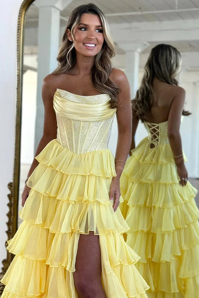 Gorgeous A Line Strapless Daffodial Tiered Chiffon Long Prom Evening Dresses VK25052838