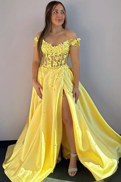 A-Line Off the Shoulder Yellow Satin Long Prom Dresses with Slit AB25032403