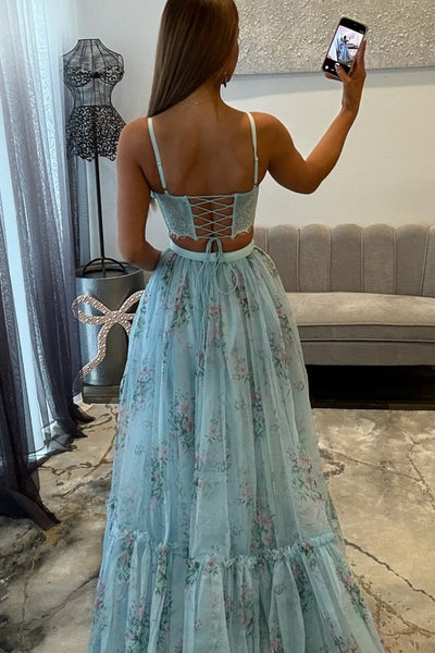 Cute Two Piece Sweetheart Light Blue Floral Appliques Prom Dress AB021504