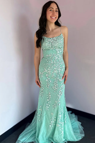 Meramid Scoop Neck Mint Lace Prom Dress with Appliques AB25031505