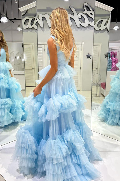 A Line V Neck Light Blue Tiered Tulle Long Prom Dresses AB4021203