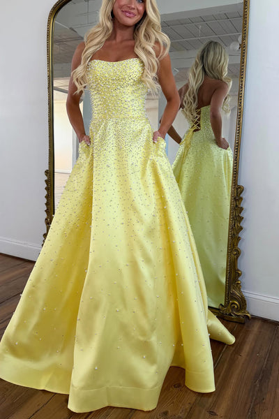 Cute A Line Strapless Yellow Satin Prom Evenning Dress with Hot Fix AB26033009