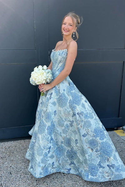 A Line Scoop Neck Blue Jacquard Satin Prom Dress with Beading AB26050705