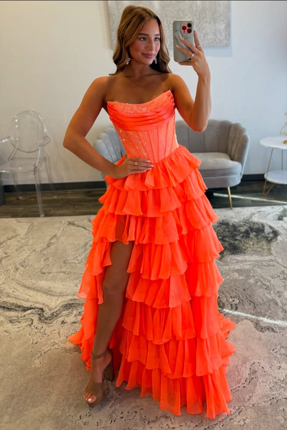 Cute A Line Scoop Neck Orange Chiffon Tiered Prom Dress with Slit AB25102706