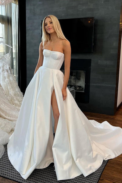 Charming A Line Sweetheart Satin Long Wedding Dresses with Slit ABWD061821