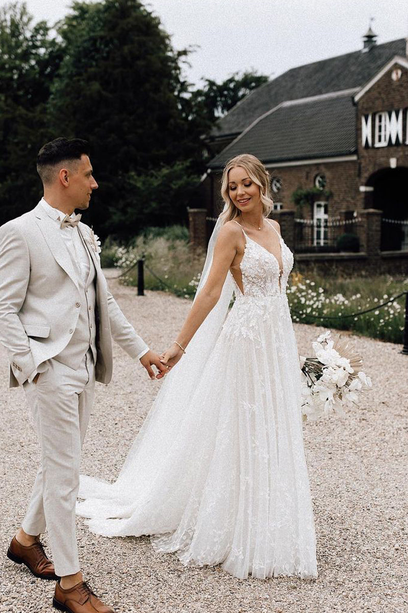 Fairy A Line V Neck Tulle Lace Wedding Dresses with Appliques ABWD061829