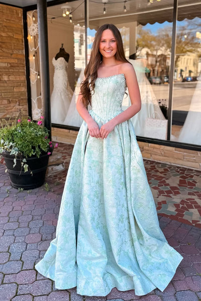 Gorgeous A Line Scoop Neck Jacquard Satin Prom Dress with Beading AB26031809