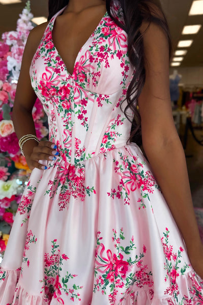 A Line V Neck Floral Satin Short Homecoming Dress AB26080908