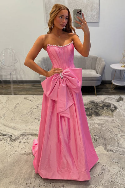 Cute A Line Scoop Neck Pink Taffeta Satin Prom Dress with Beading AB25102906