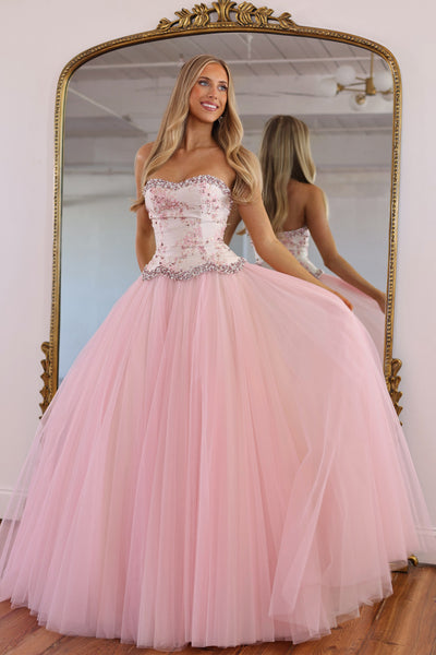 A Line Sweetheart Light Pink Tulle Long Prom Dress with Beading AB26102106