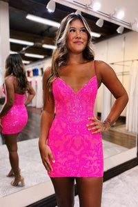 Cute Bodycon V Neck Hot Pink Sequins Short Homecoming Dresses AB090701