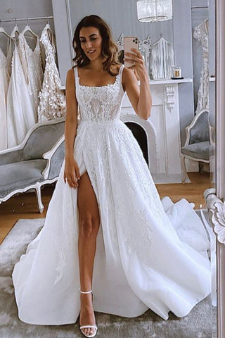 Gorgeous Ball Gwon Square Neck Organza Long Wedding Dresses with Appliques AB090301