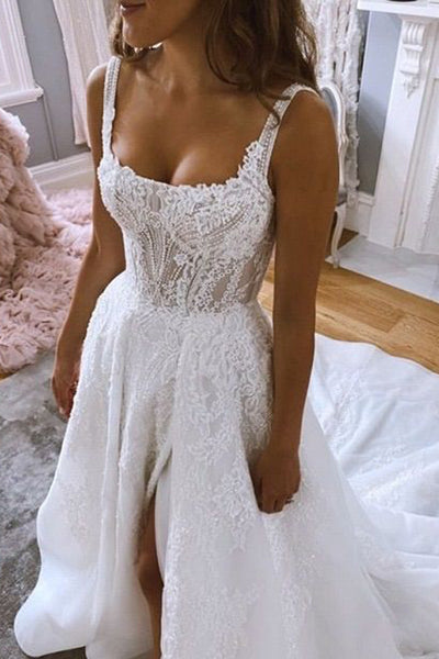 Gorgeous Ball Gwon Square Neck Organza Long Wedding Dresses with Appliques AB090301