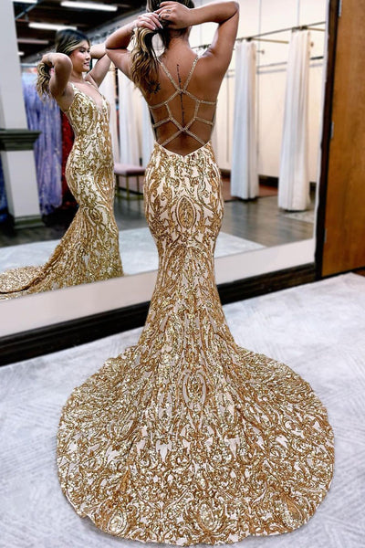Sparkly Mermaid V Neck Gold Sequins Lace Long Prom Dresses AB100703