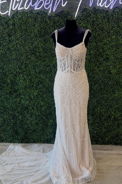 Gorgeous Mermaid Scoop Neck Sequins Wedding Dress with Detachable Train AB26060303