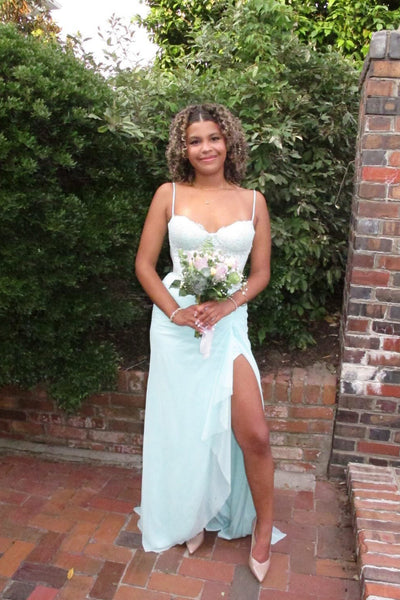 Sheath V Neck Aqua Chiffon Long Prom Dress with Lace AB26070717