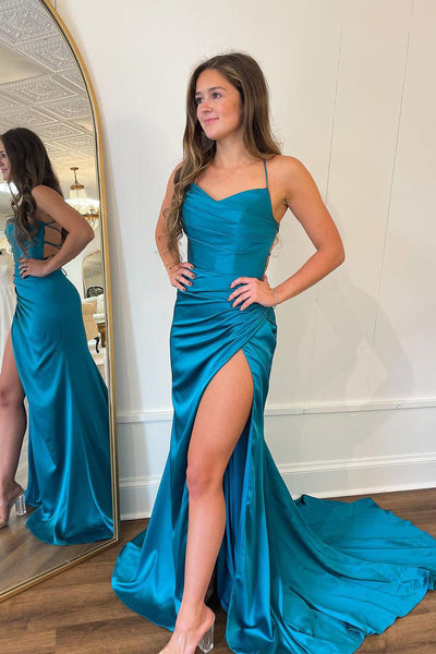 Cute Mermaid Sweetheart Peacock Blue Silk Satin Long Prom Dress with Slit AB112801
