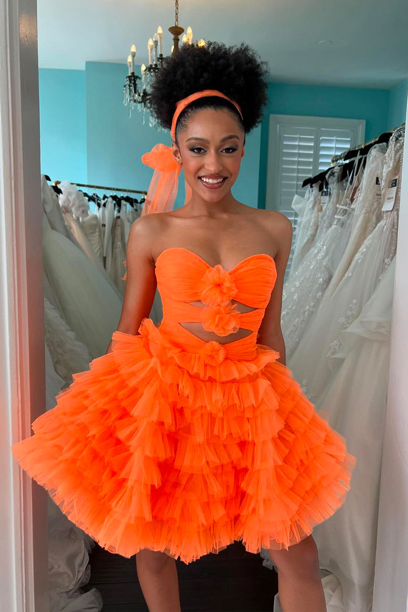 A-Line Strapless Orange Ruffle Tulle Short Prom Dress AB4041405