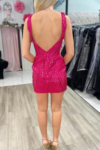 Cute Bodycon V Neck Fuchsia Sequin Short Homecoming Dresses AB081701