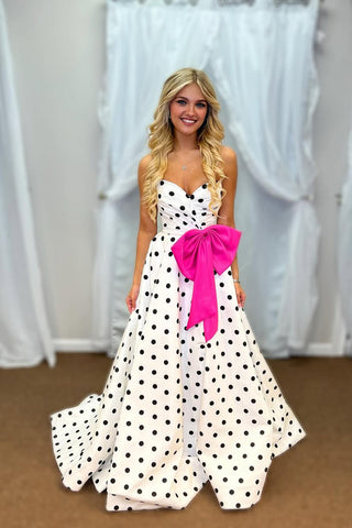 New Arrvial A Line Sweetheart White Black Dot Satin Long Prom Dress with Bow AB25100703