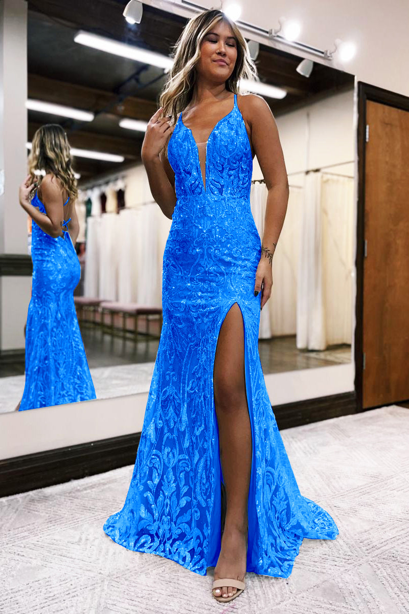 Sparkly Mermaid Deep V Neck Blue Sequins Lace Long Prom Dresses with Slit AB101101