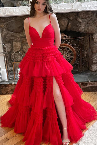 Lovely A-Line V Neck Neck Red Tulle Tiered Long Prom Dresses with Side Slit AB061821