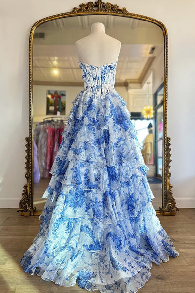 Cute A Line Sweetheart Blue Floral Chiffon Prom Dress with Appliques AB25022311