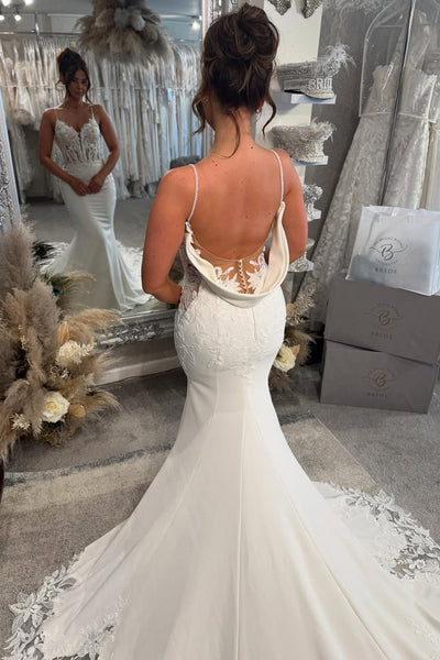 Elegant Mermaid V Neck Elastic Satin Wedding Dresses with Appliques AB25050203