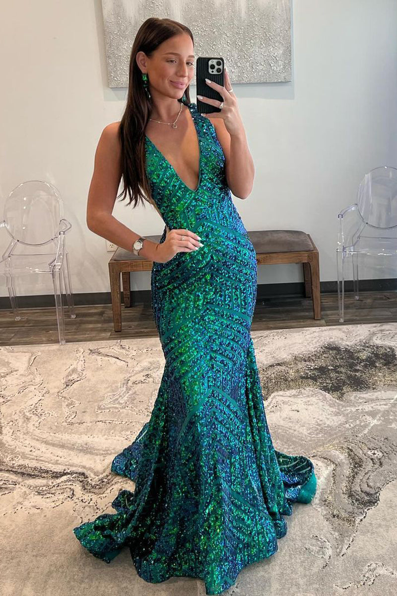 Charming Mermaid V Neck Green Sequins Prom Dresses AB111802