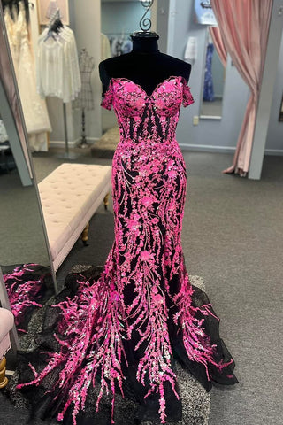 Charming Mermaid Off the Shoulder Fuchsia Black Long Prom Dress AB121001