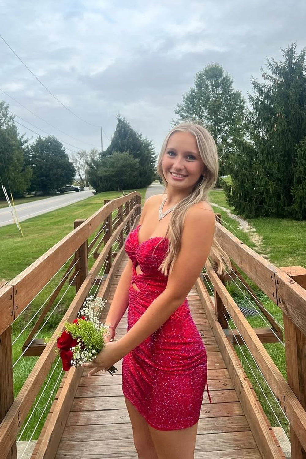 Cute Bodycon Sweetheart Keyhole Red Satin Short Homecoming Dresses with Rhinestones AB25110201