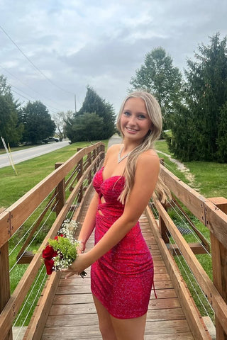 Cute Bodycon Sweetheart Keyhole Red Satin Short Homecoming Dresses with Rhinestones AB25110201