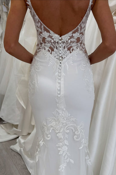 Elegant Mermaid V Neck Satin Wedding Dress with Appliques AB25120106