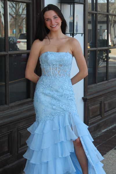 Cute Mermaid Sweetheart Light Blue Chiffon Tiered Prom Dress with Slit AB26030506