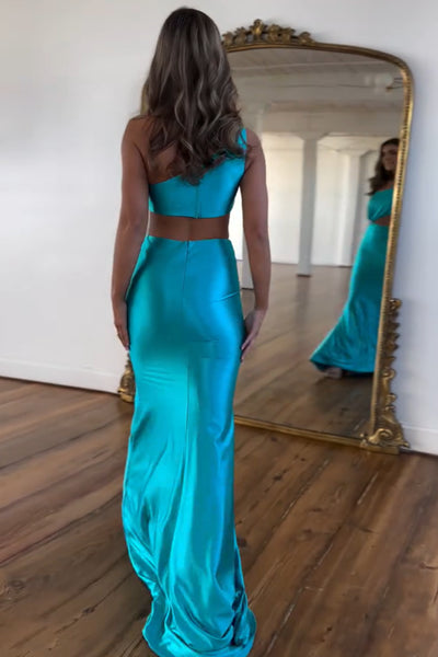 Charming Mermaid One Shoulder Teal Satin Prom Dresses AB24102109
