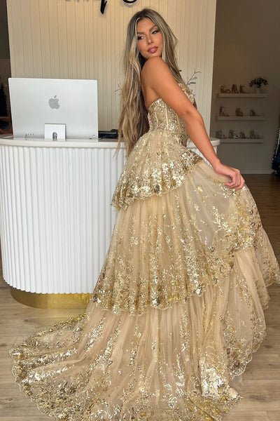 Charming Mermaid Sweetheart Gold Sequins Lace Prom Dresses with Slit AB24092107