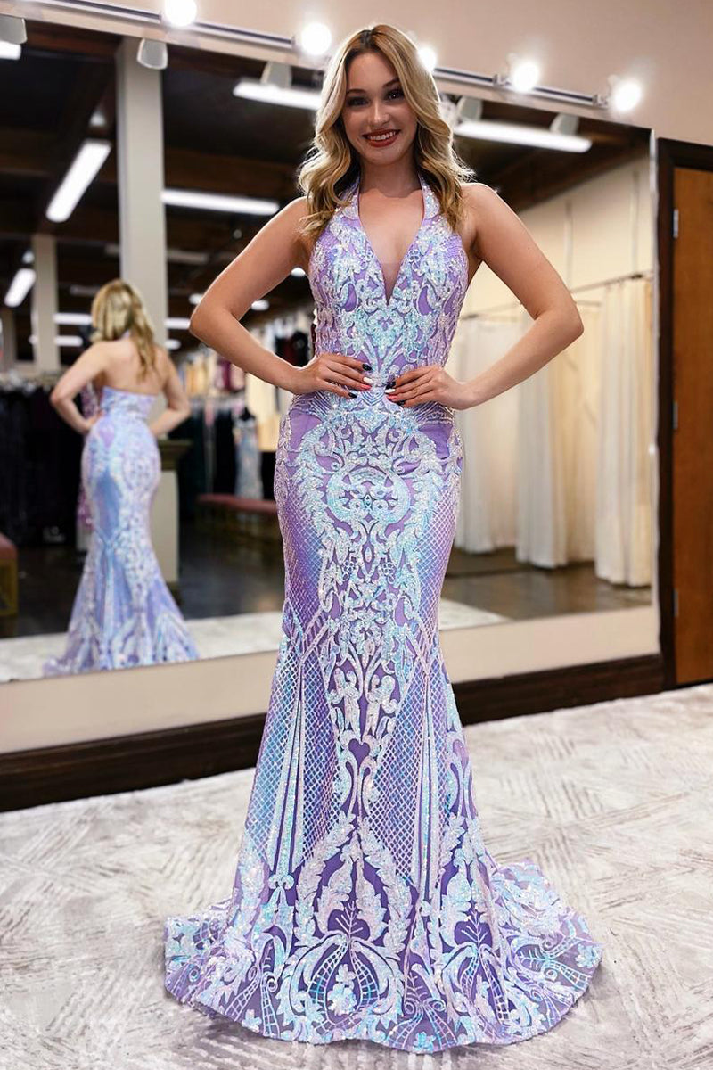 Sparkly Mermaid V Neck Lavender Sequins Lace Long Prom Dresses with Detachable Train AB100201