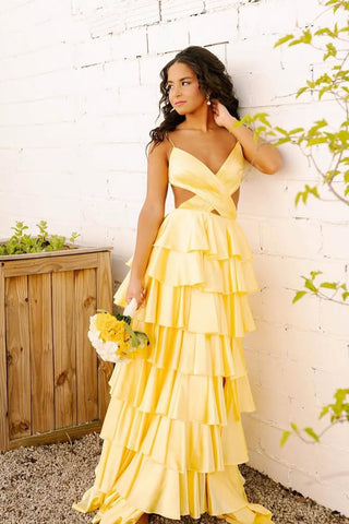 Cute A Line V Neck Yellow Tiered Satin Slit Prom Dress AB25052823