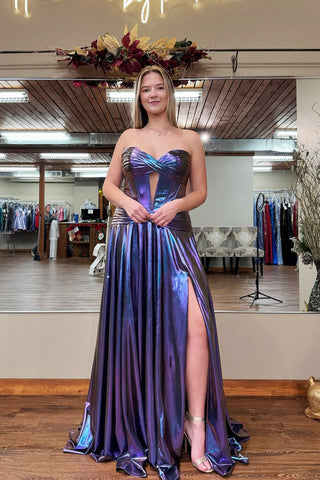 Fashion A Line Sweetheart Keyhole Metallic Satin Pleat Prom Dress with Slit AB25012008