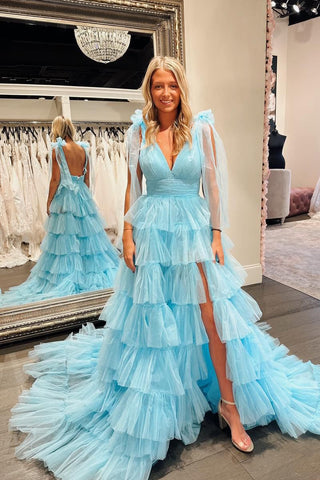 Cute A Line V Neck Blue Tulle Long Prom Dress with Slit AB4021201