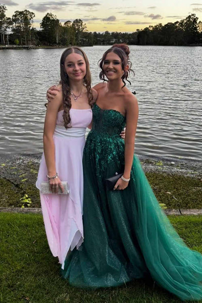 A Line Strapless Dark Green Sequins Prom Dress with Appliques AB26102906