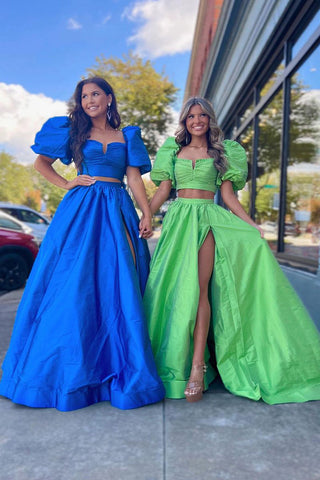 Cute Ball Gown Square Neck Green Satin Prom Dresses with Ruffled Sleeves AB112005