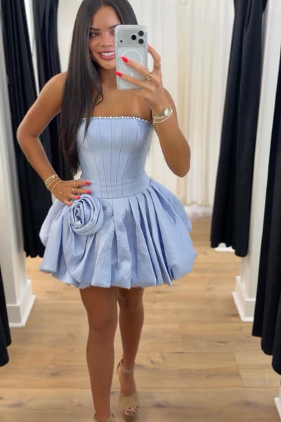 Cute A Line Strapless Light Blue Satin Homecoming Dress with Beading AB26061515